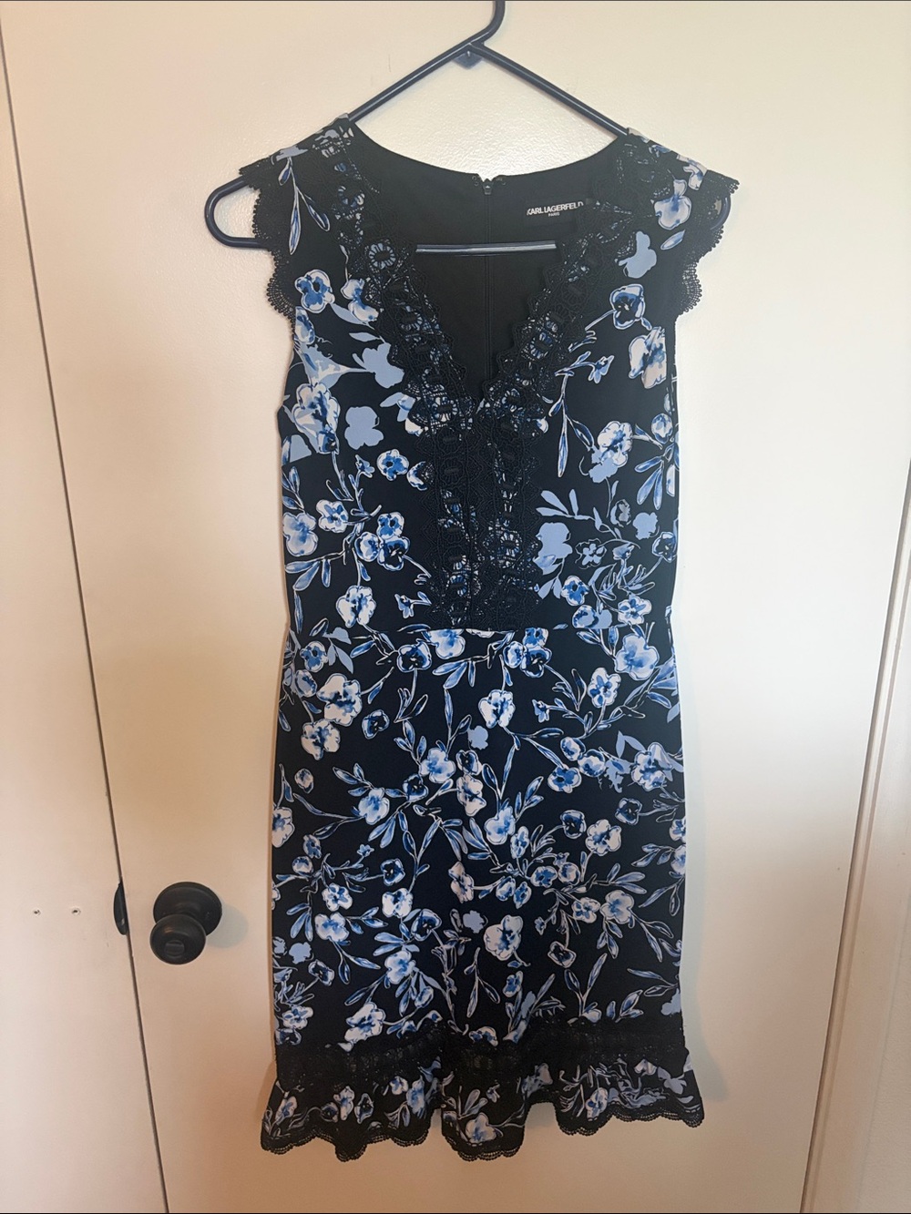 Karl Lagerfeld Black Dress with Blue & White Floral Lace Trim